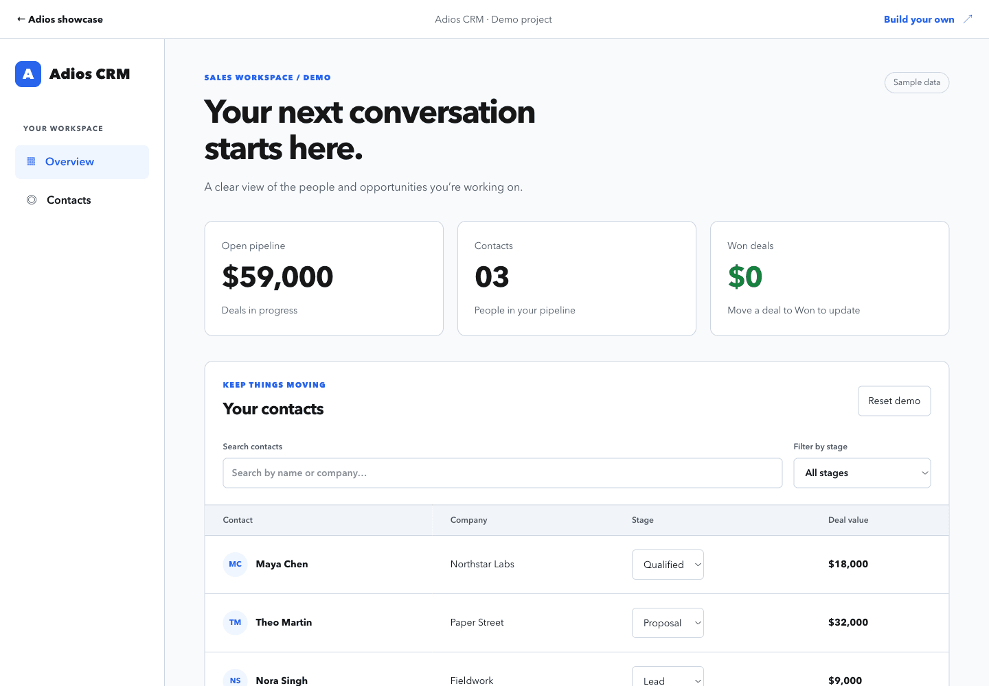 Adios CRM showing a sales pipeline, searchable contacts, and editable deal stages.
