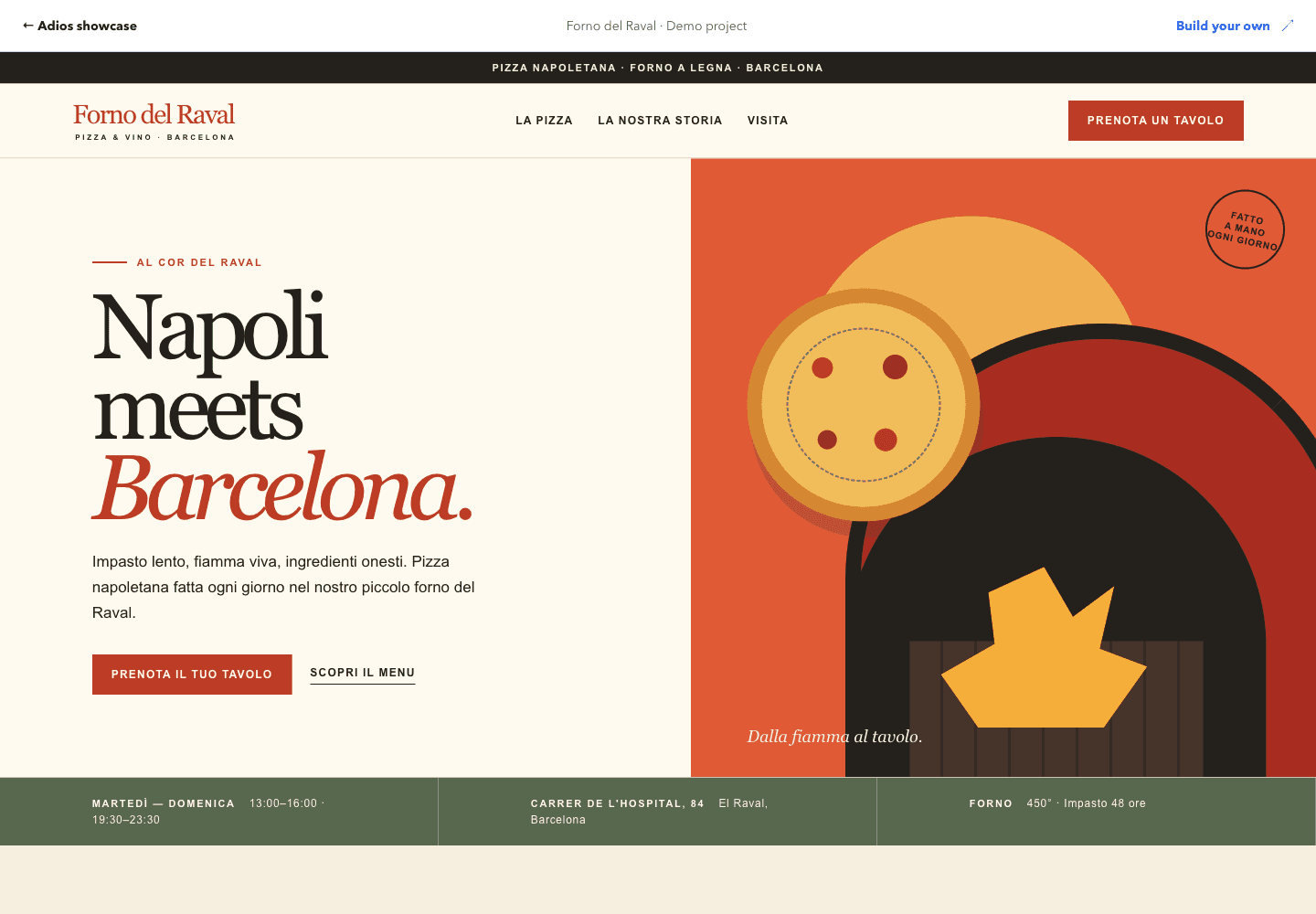 Forno del Raval restaurant website with a wood-fired pizza illustration.
